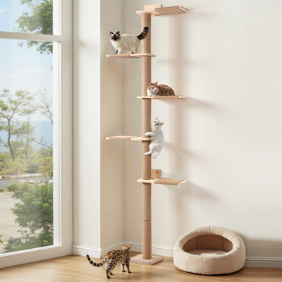 Arbre à chat haut, tour à chats à 5 niveaux, poteau à griffer pour chat, tablettes murales pour chat sauvage, pour grimper, gratter, regarder et jouer
