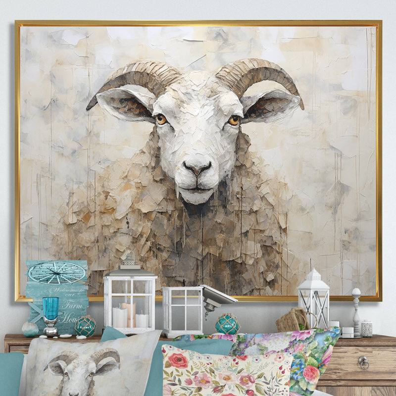 Cozy beige minimalisme mouton sur toile, Cadre flottant doré, 24" H x 32" W