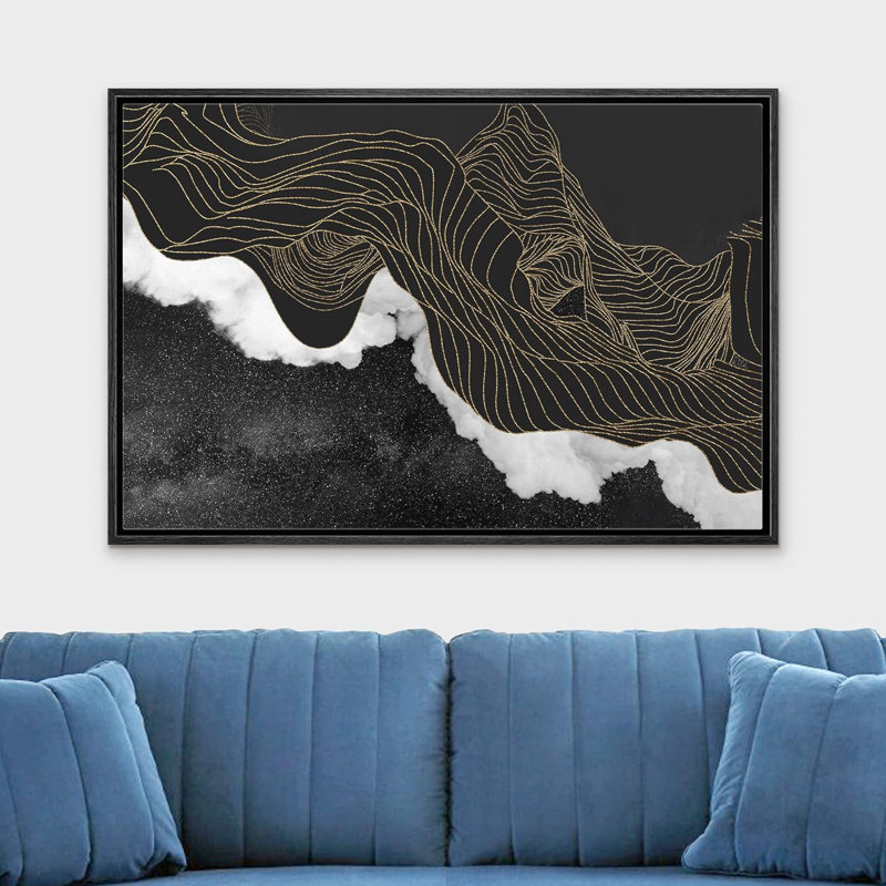 Abstract Landscape " Abstract Wave Mountain Nature ", 24" H x 36" W x 1.5" D, Black Floater Framed