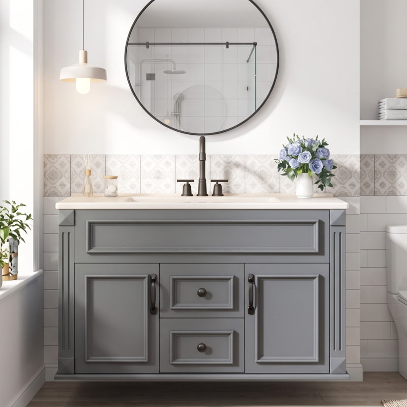 Armoire de salle de bain murale avec lavabo en céramique et style simple français, Gris