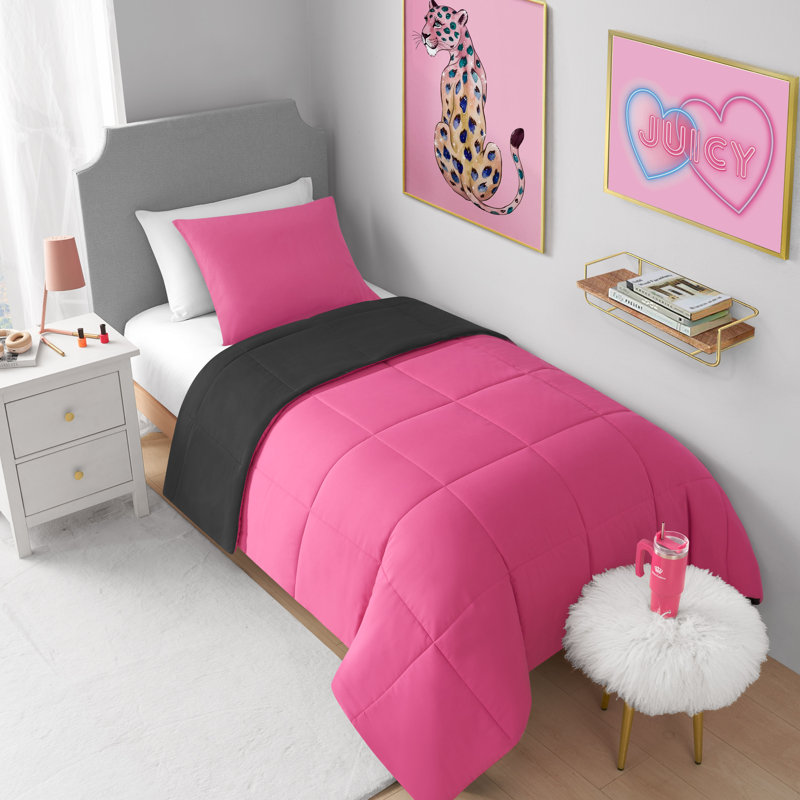 Juicy Couture Box Stitch Reversible Comforter Sets, Twin Extra Long Comforter + 1 Standard Pillow Sham, Black/Hot Pink