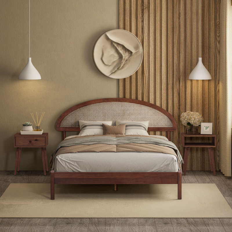  Structure de lit en bois massif Gem avec tête de lit et rotin naturel, capacité de 1000 lb, Grand lit, Noyer foncé