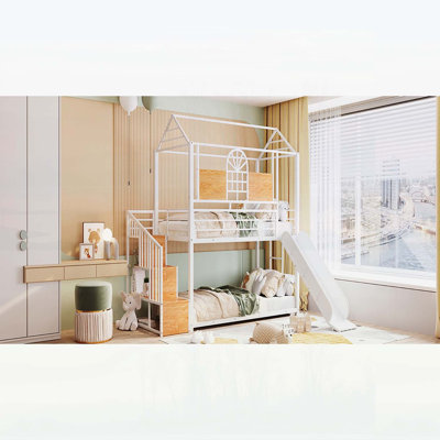 Lit simple superposé en métal avec glissade, escalier de rangement et maisonnette pour chambre d'enfant