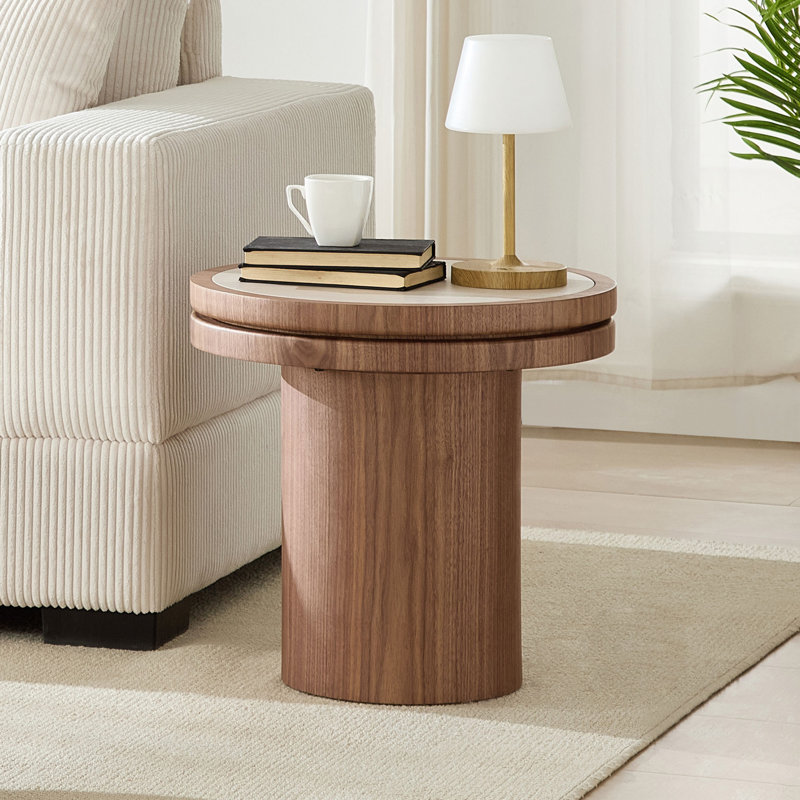 Table d'appoint ronde en panneau de fibres à densité moyenne de 19,49 pouces en bois aggloméré pour la chambre à coucher WALNUT