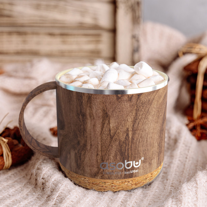 Asobu 470ml Double Wall Insulated Stainless Steel Travel Mug with Straw, Wood