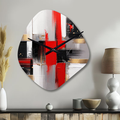 Red And Gold Cubic Abstract I - Nebula Shape Red Cubism Wall Clock