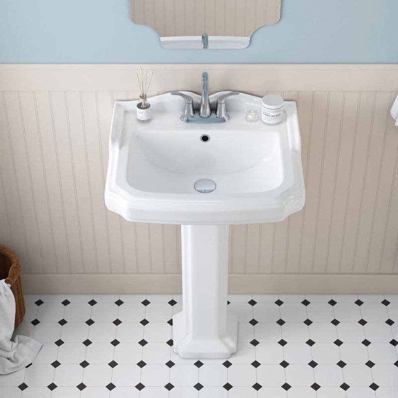 Lavabo de salle de bain piédestal rectangulaire en porcelaine vitrifiée avec trop-plein pour robinets centraux 4 "l 22,8" x H 35,5 "Piedmont