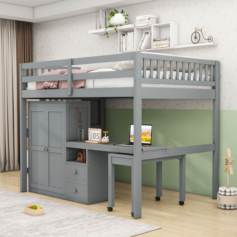Lit mezzanine 2 tiroirs avec escalier de rangement, bureau, tablettes et garde-robe, Gris, Double