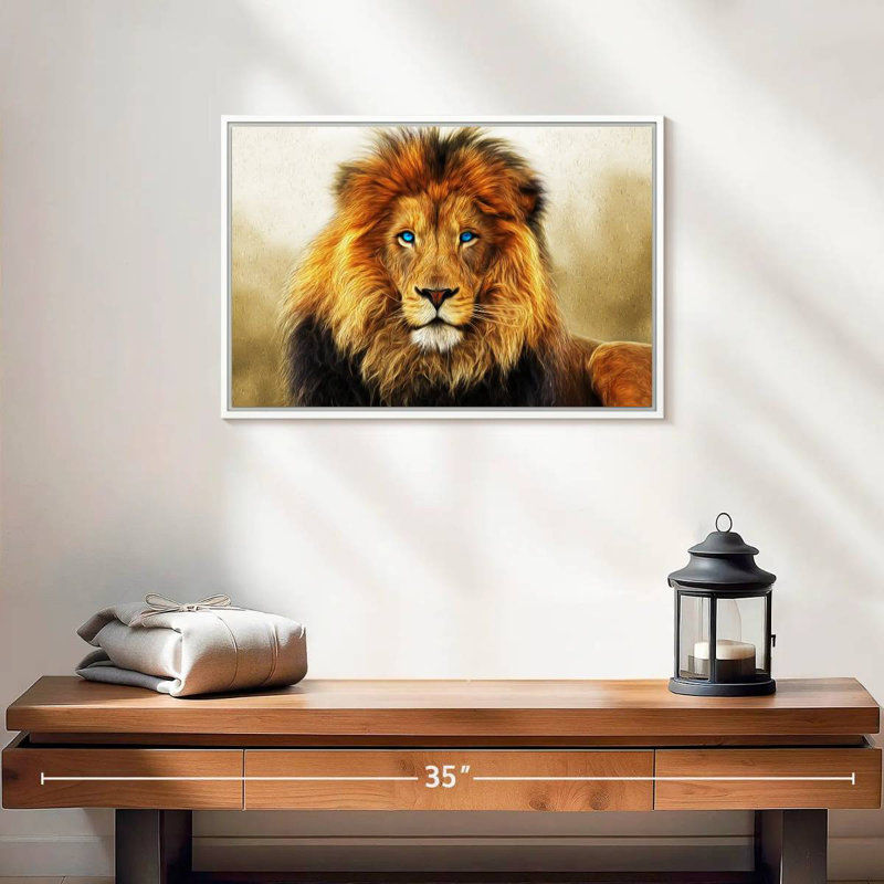 Lion aux yeux bleus, Cadre flottant blanc, 19 po x 13 po