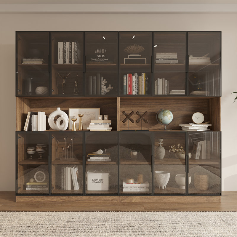 94.5 '' W Combination Bookcase With Glass Doors，display Cabin With Led Lights, Brown
