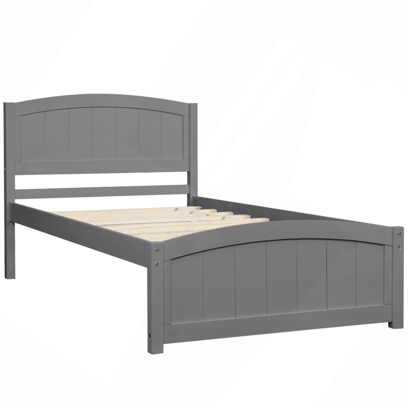 Lit moderne, lit plateforme en bois avec tête de lit, pied de lit et lattes de bois, Gris