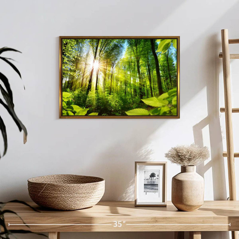 Forêt ensoleillée, 19 po x 13 po, Cadre flottant doré
