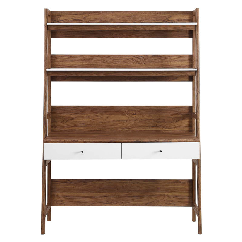 Walnut White Wood Office Desk with Bookshelf and Drawer