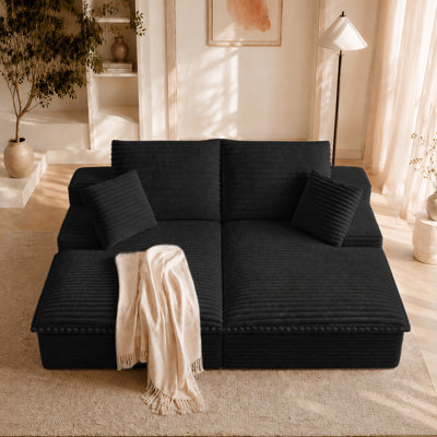 78.7" Oversized Boneless Double Chaise Lounge Indoor, Modular Corduroy Cloud Sofa Bed with Double-Layer Deep Seats, Frameless Sleeper Couch with 4 Pillows, No Assembly Required(Black)