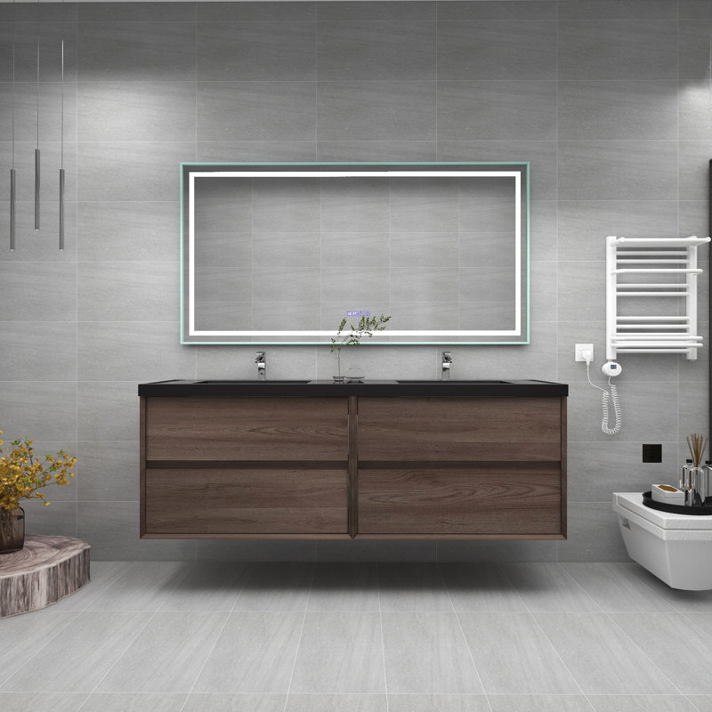 Ensemble de meuble-lavabo double mural 72 po Goodlow Kody, Chêne rouge