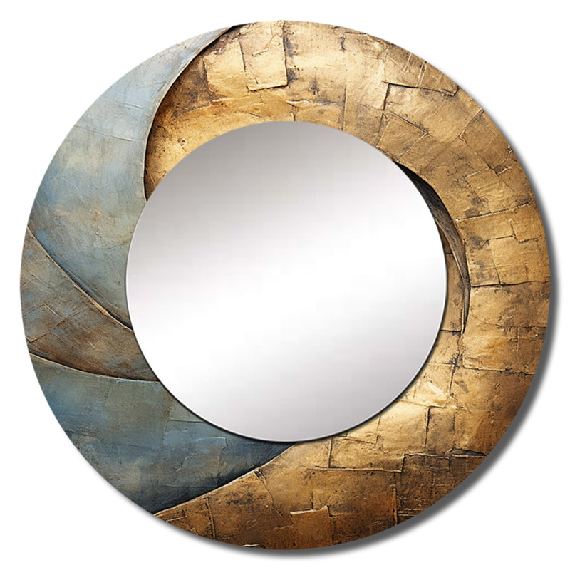 Gold Black Timeless Turn III - Abstract Spirals Wall Mirror, Modern Decorative Mirror, Printed Metal Art, 36" x 36", Round