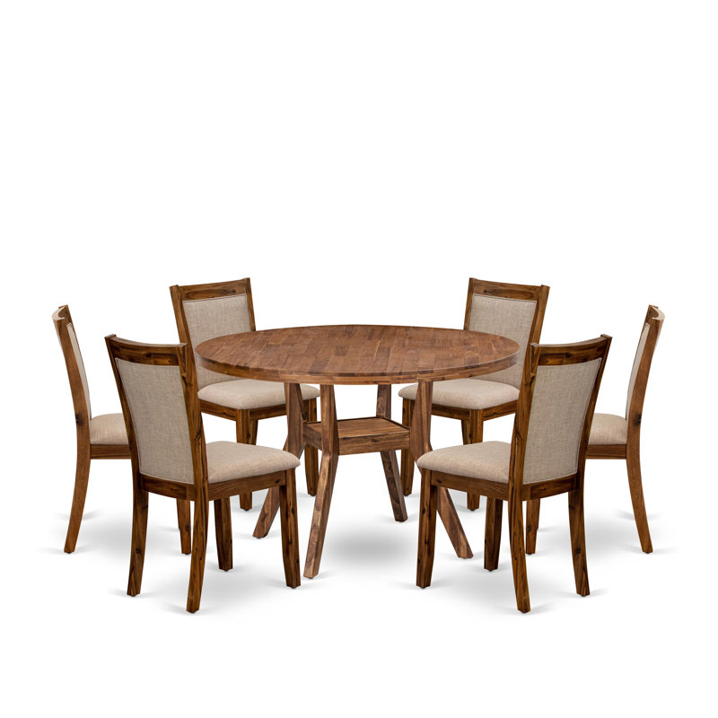 L'ensemble de table de cuisine 7 pièces se compose d'une table de petit-déjeuner sur piédestal et de 6 chaises rembourrées en lin brun clair avec dossier rembourré - noyer antique
