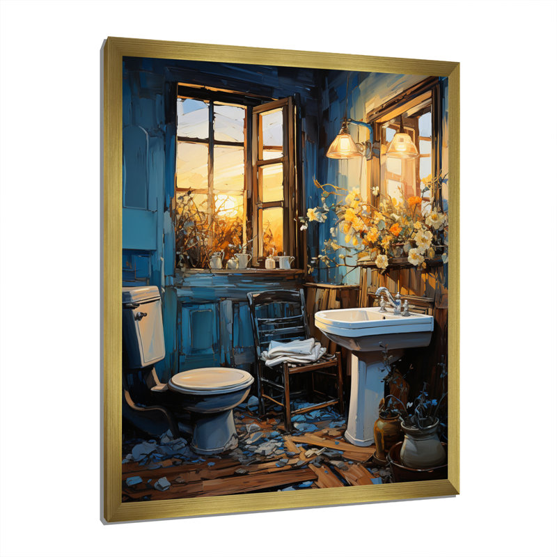 «Bathroom Bathroom Turquoise IV», reproduction d'art sur toile, Encadrement doré, H 32 po x l 16 po x P 1 po