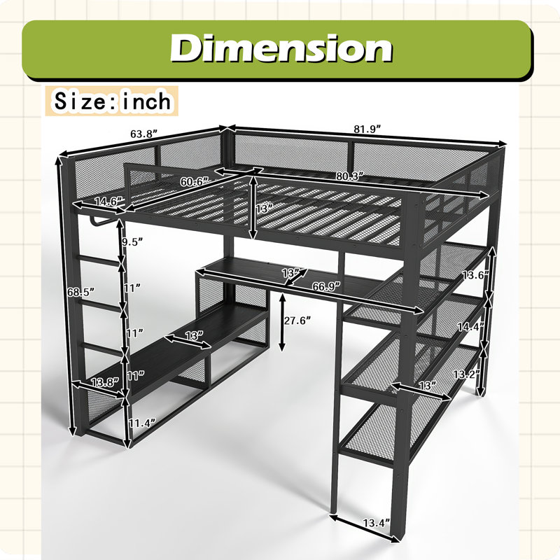 Grand lit mezzanine avec tablettes de rangement