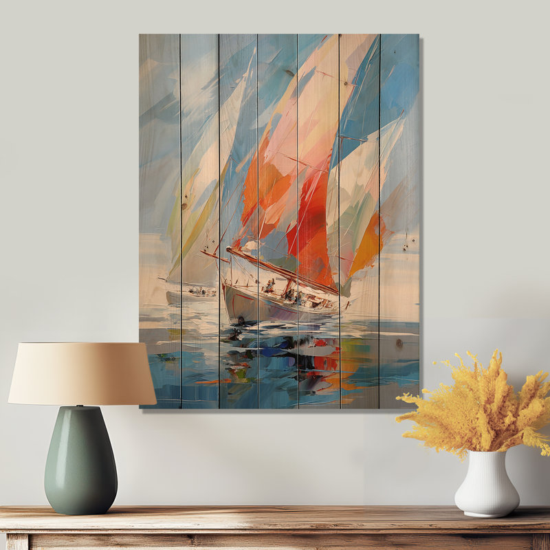 Voilier abstrait «Winds I» sur bois, H 40 po x l 30 po x P 0,78 po