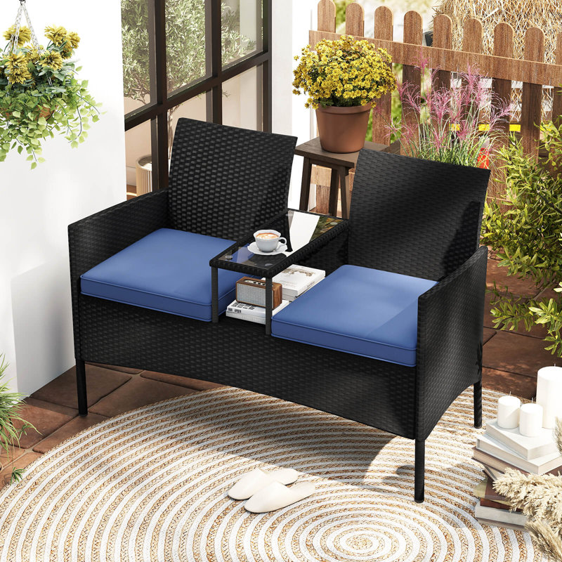 Causeuse de patio avec coussins de table intégrés et plateau de table en verre trempé