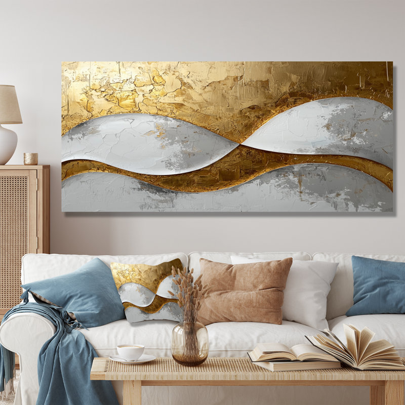 Vagues abstraites de l'introspection en or et blanc IV - Art mural abstrait de vagues modernes pour le salon