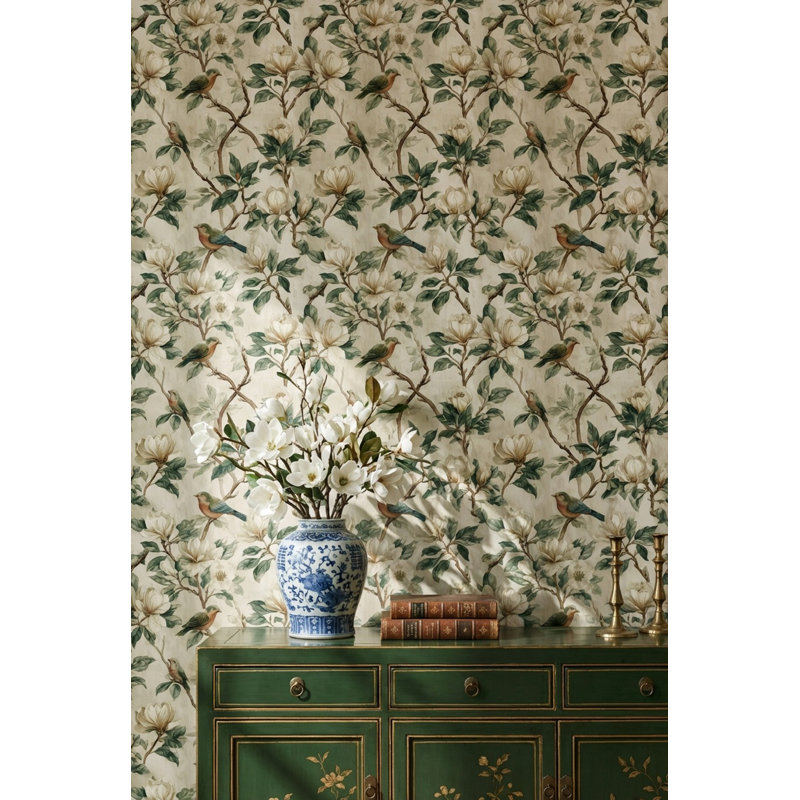 Papier peint floral avec oiseaux, Non tissé, non collé