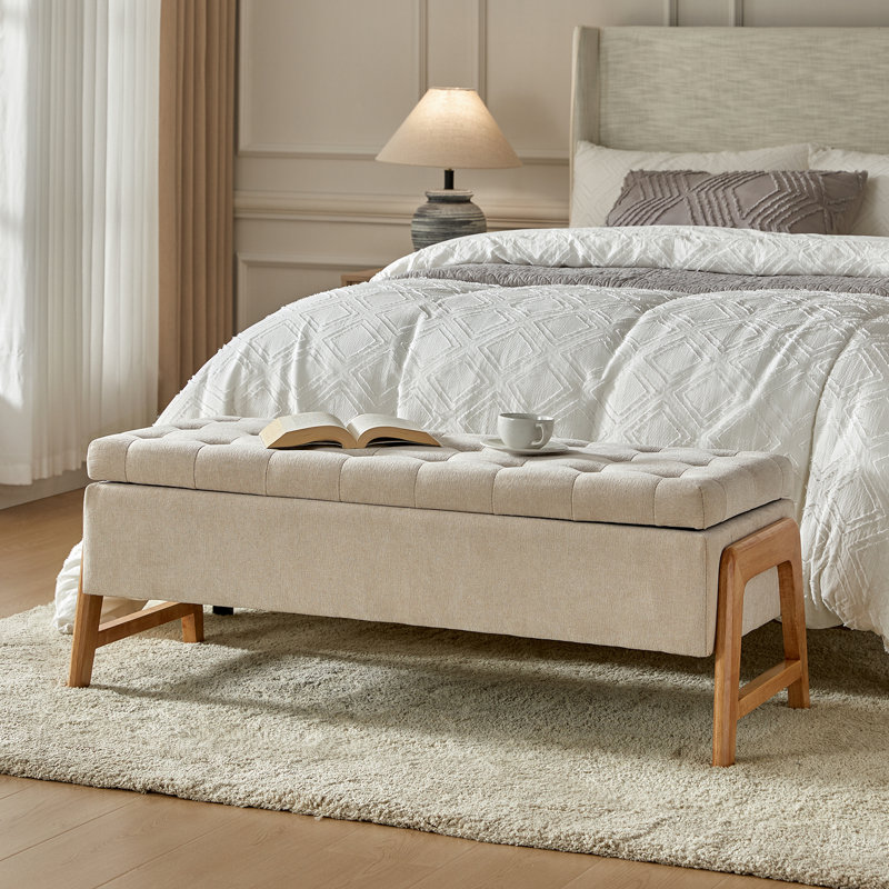 Banc de rangement rembourré style Mid-Century 49,6 po avec pieds en bois massif Brentlinger, Tanné