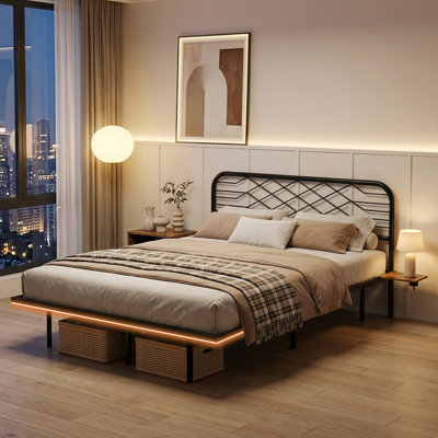 Aether Floating Metal Bed Frame with Charging & LED Lighting & Shelves, No Box Spring Needed