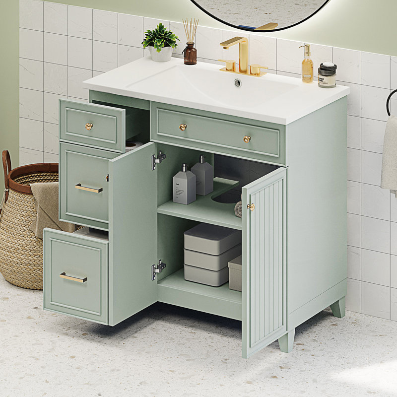 Meuble-lavabo de style transitionnel avec lavabo en résine, meuble-lavabo simple avec 2 tiroirs, Vert