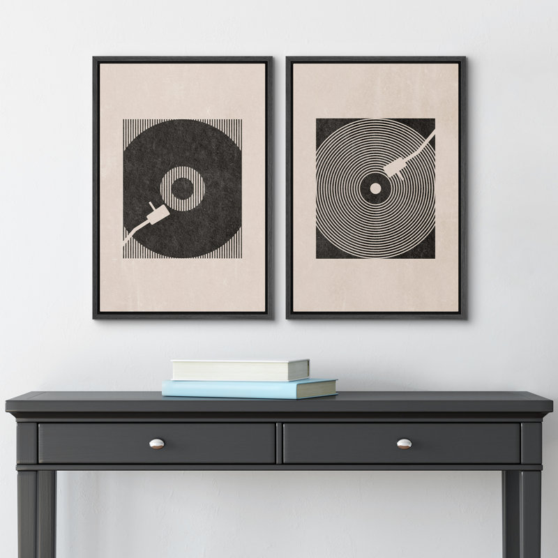 Mid-Century Classic Black Music Record Player Boho Wall Art Decor Framed On Canvas 2 Pieces Print, Black Floater Framed