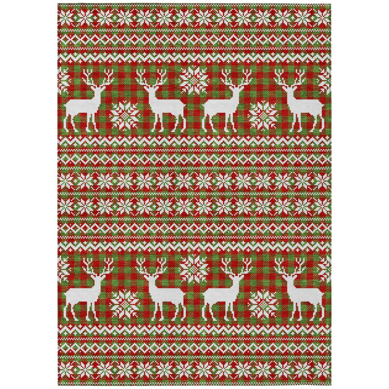 Tapis lavable intérieur/extérieur 2,44 m x 3,05 m, motif cerf vert fougère, rouge et ivoire