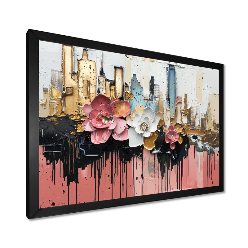 Reproduction d'art sur toile, "Cubism City" rose et noir, H 12 po x l 20 po, Cadre simple, Noir, noir, noir, noir