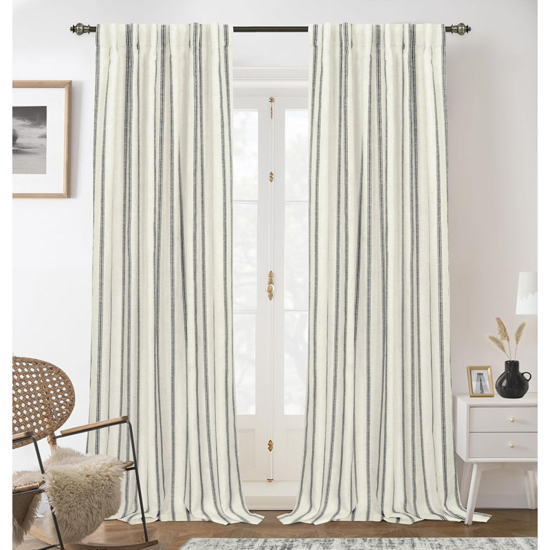 Blackout Curtain Pair, 52" W x 108" L, Black Stripe/Light Linen-Back Tab