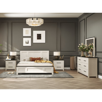 Roundhill Furniture Realynn 5-Piece Wood Bedroom Set, Panel Bed with Dresser, Mirror, and 2 Nightstands, Off-White Finish