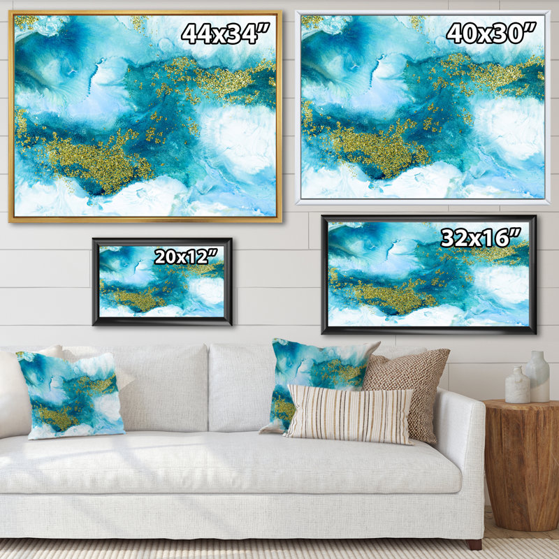 «Blue with Gold Glitter Creative Abstract», peinture sur toile, Cadre flottant en érable, H 16 po x l 32 po x P 1 po