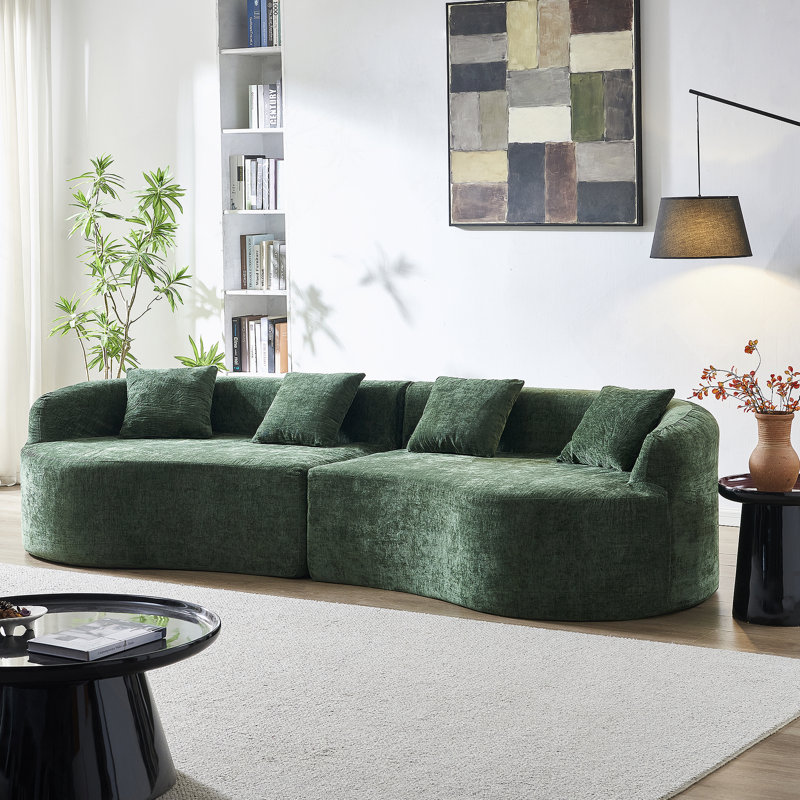 Canapé incurvé en chenille avec mousse haute densité et sans assemblage, parfait pour les espaces de vie compacts, Vert