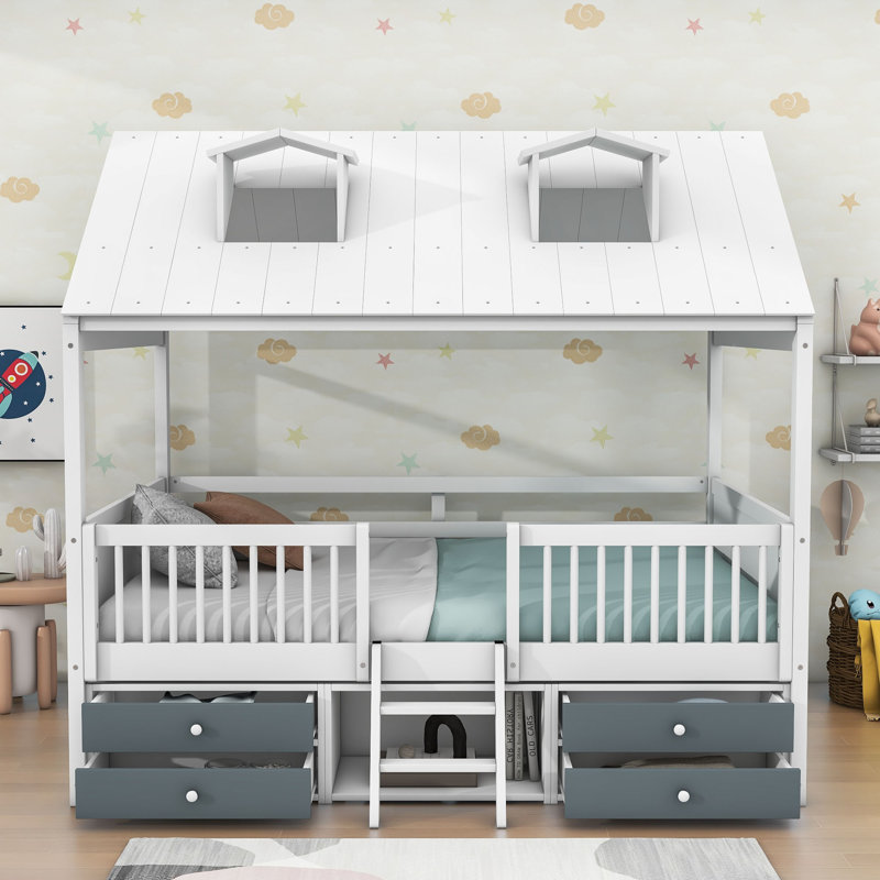 Lit mezzanine en bois avec 4 tiroirs et toit Milinocket, Double, Blanc