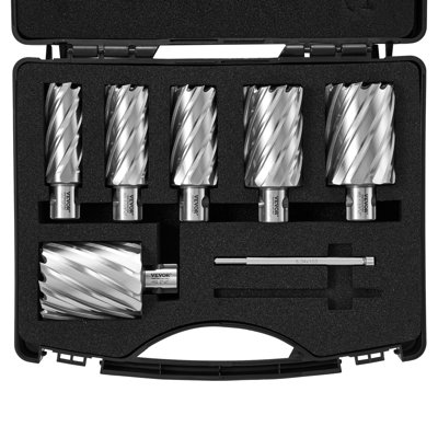 Annular Cutter Set, 6 pcs Universal Shank Mag Drill Bits, 1" to 2" Cutting Diameter, 2" Cutting Depth, M2AL High-Speed Steel, with 2 Pilot Pins and Portable Case, for Using with Magnetic Drills