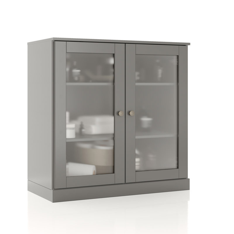 100% Solid Wood 32" Bathroom Cabinet with Frosted Glass Doors and Adjustable Shelves, Gray