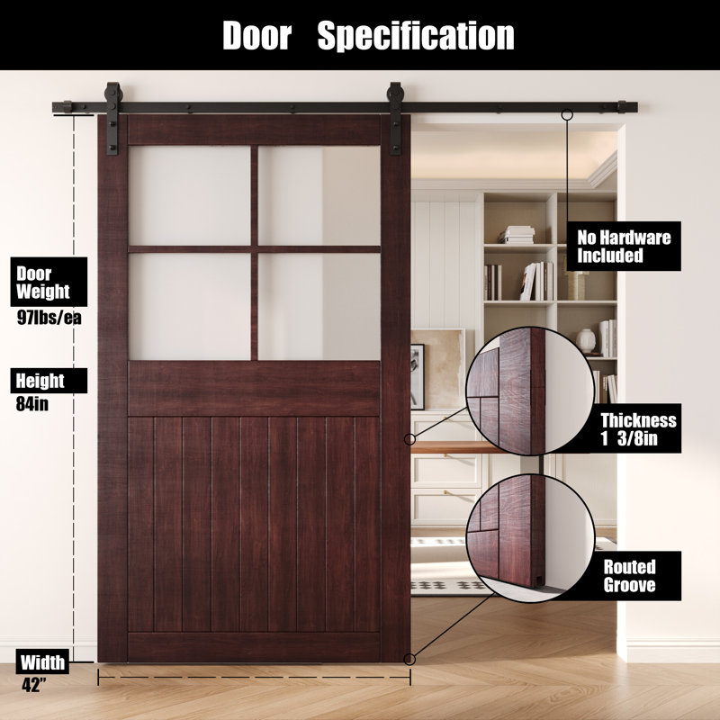Porte de grange coulissante en bois massif non assemblé fini 42 x 84 couleur acajou rouge, 42 po x 84 po