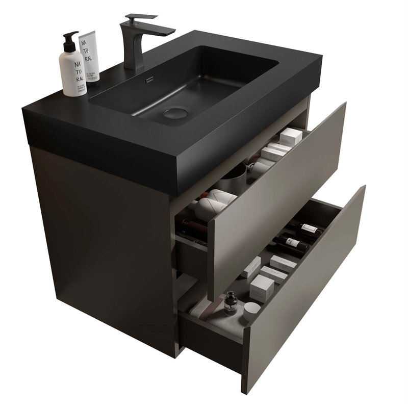 Meuble-lavabo mural avec tiroir Alice, Noir, noir, noir, noir, Gris