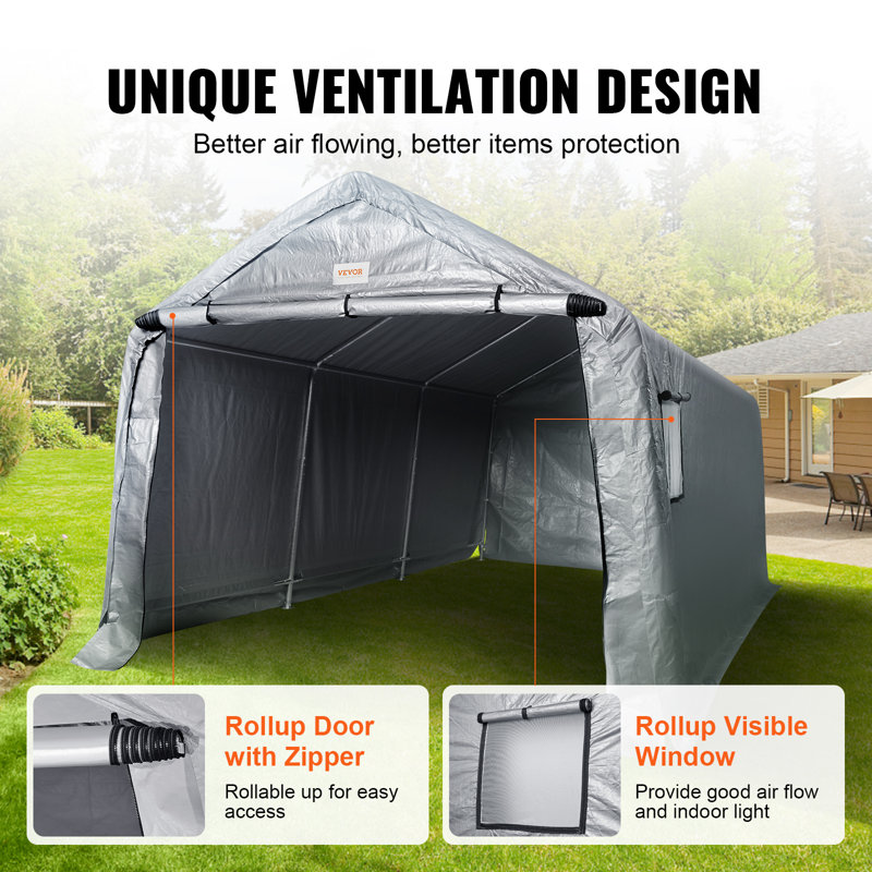 Gray 15' x 8' Portable Garage Shed with Windows