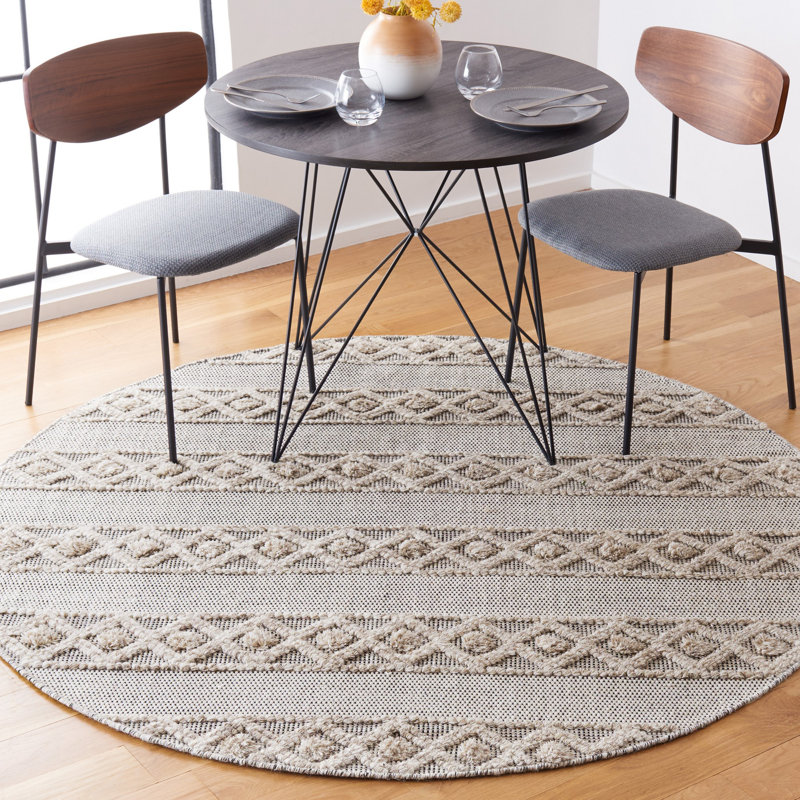 Ailiedh Vermont Flat Weave Wool/Cotton Geometric Rug in Ivory/Beige, Round 6'