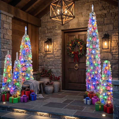 5-Piece Pre-Lit Snow-Flocked Christmas Tree Set with 3 4 ft Trees, One 6 ft Tree and One 8 ft Tree and Multicolor LEDs