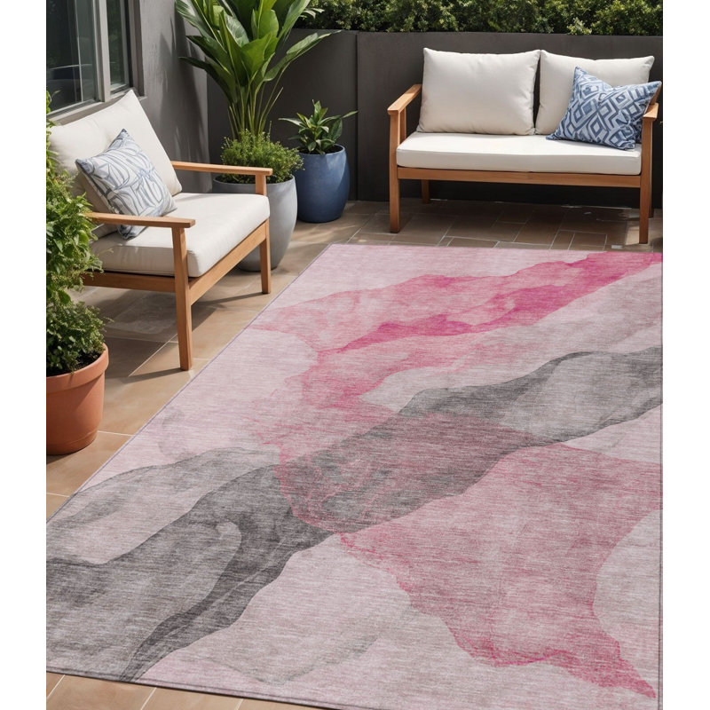 Tapis intérieur lavable abstrait 5 pi x 8 pi gris et rosé