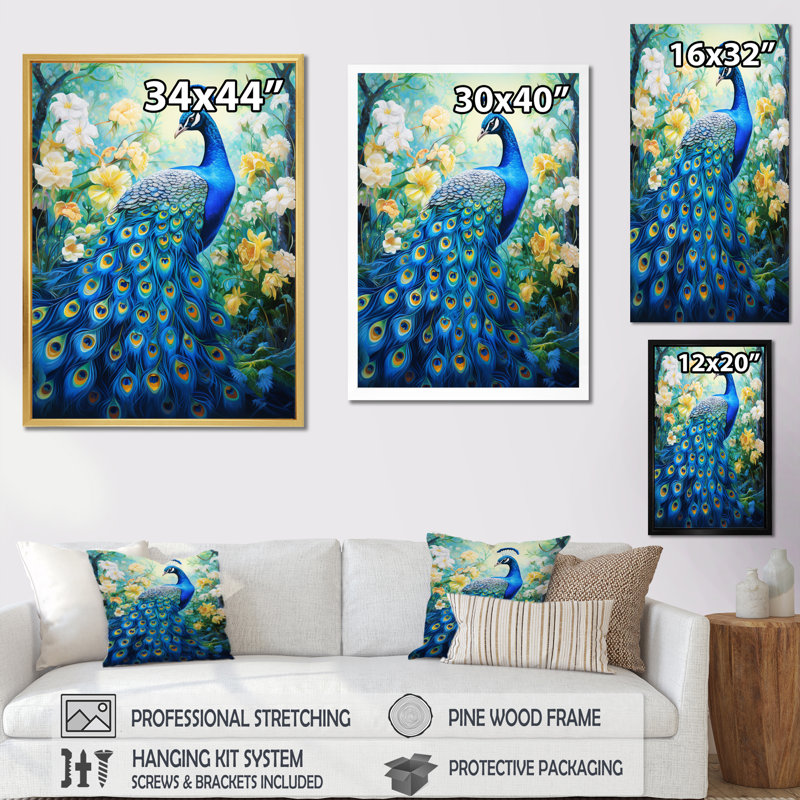 Yunick Teal Peacock Symbolist - Print, Black Single Picture Framed, 32" H x 24" W