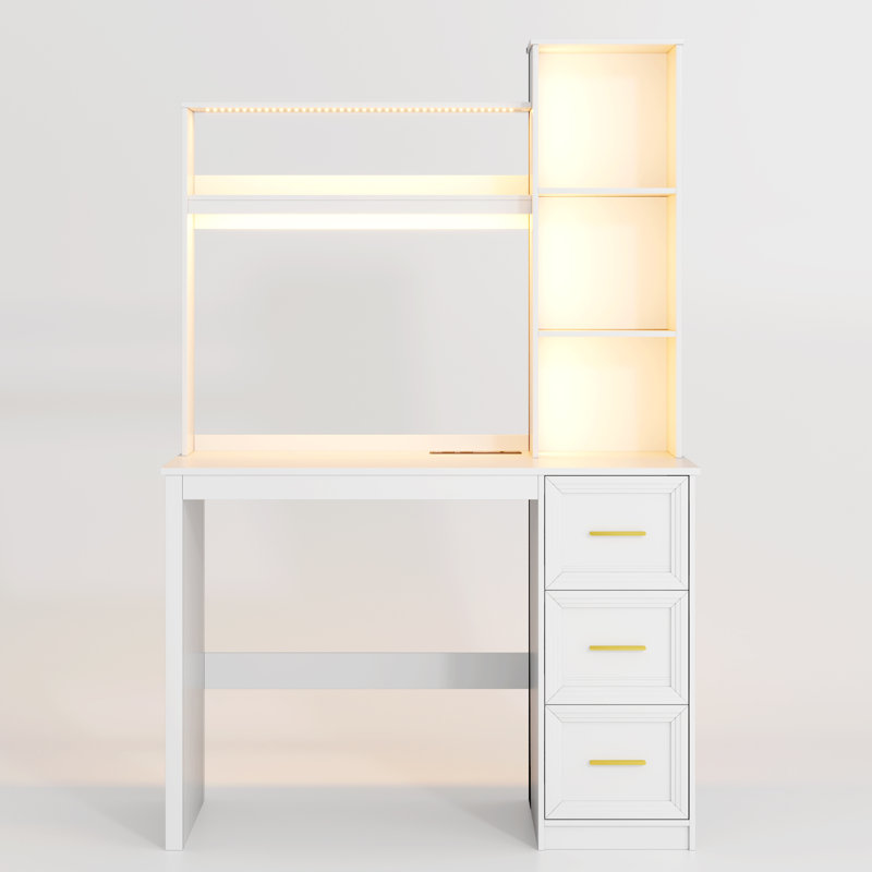 Computer Desk with Power Outlet and Tri-Color Light, Home Desk with Shelves and Drawer, White