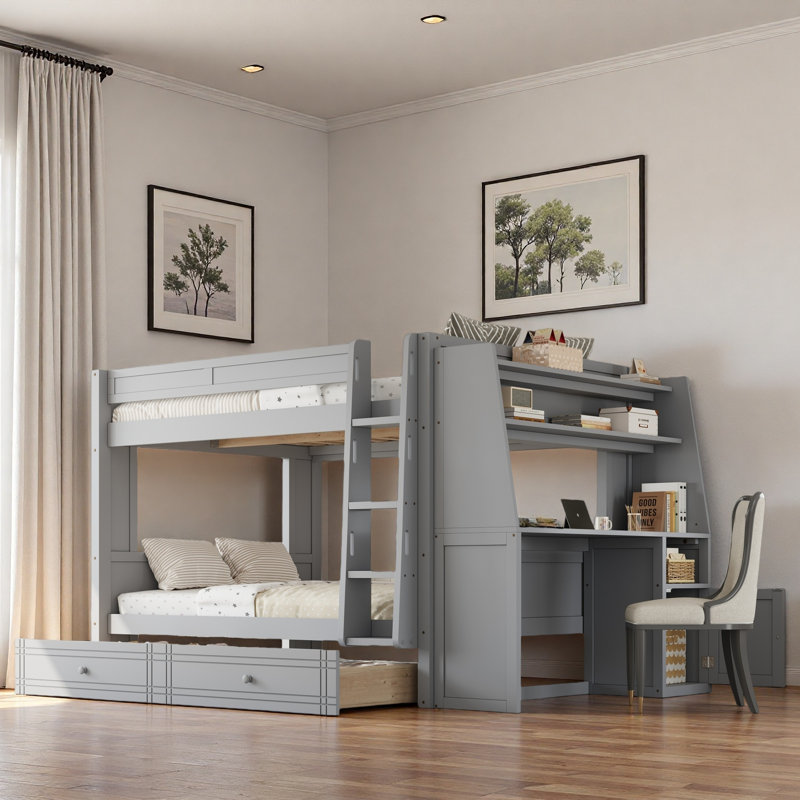 Full Over Full Bunk Bed With Desk And Bookshelves, Drawers, Grey