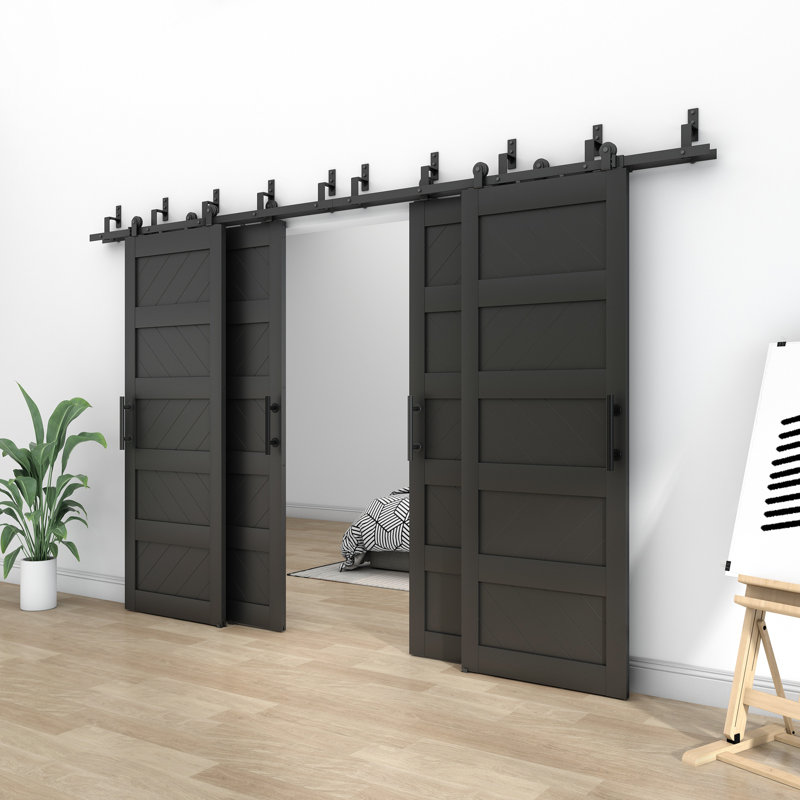 Double Bypass Barn Door Doors Manufactured Wood Wave Design Barn Door With Installation Hardware Kits, 120" x 84", Black